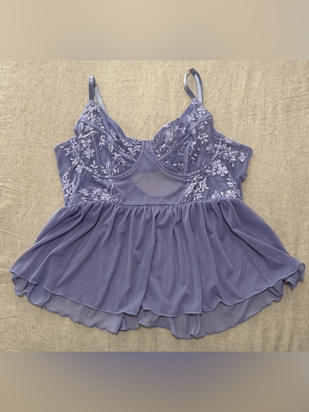 BED OF ROSES Lavender Floral Embroidered Lace Peplum Chemise Top 38C